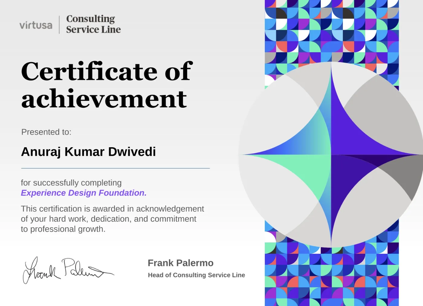 Virtusa certificate of achievement for completing Experience Design Foundation