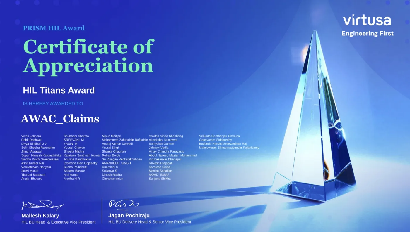 Virtusa HIL Titans Award certificate of appreciation for the AWAC Claims team