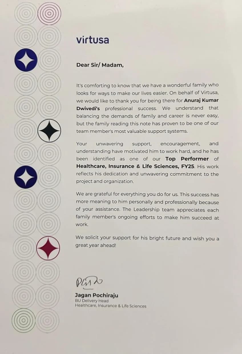 Virtusa letter naming Anuraj a Top Performer of Healthcare, Insurance and Life Sciences, FY25