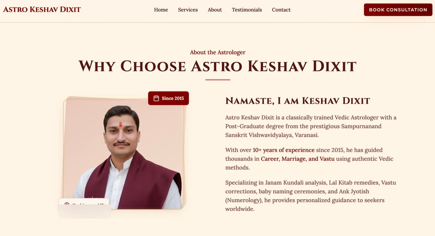 About the astrologer section with credentials
