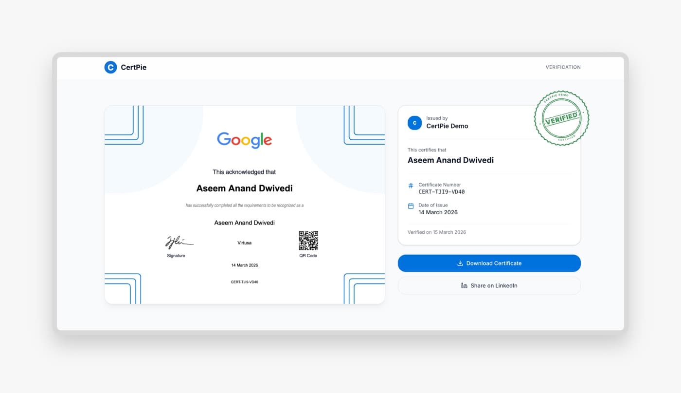 CertPie certificate preview with QR verification