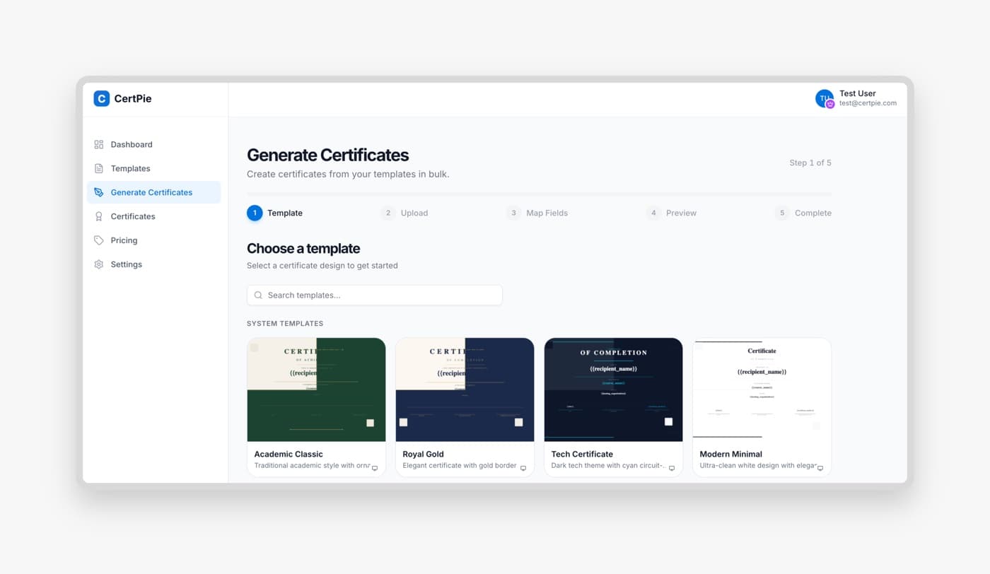CertPie CSV upload and bulk generation step