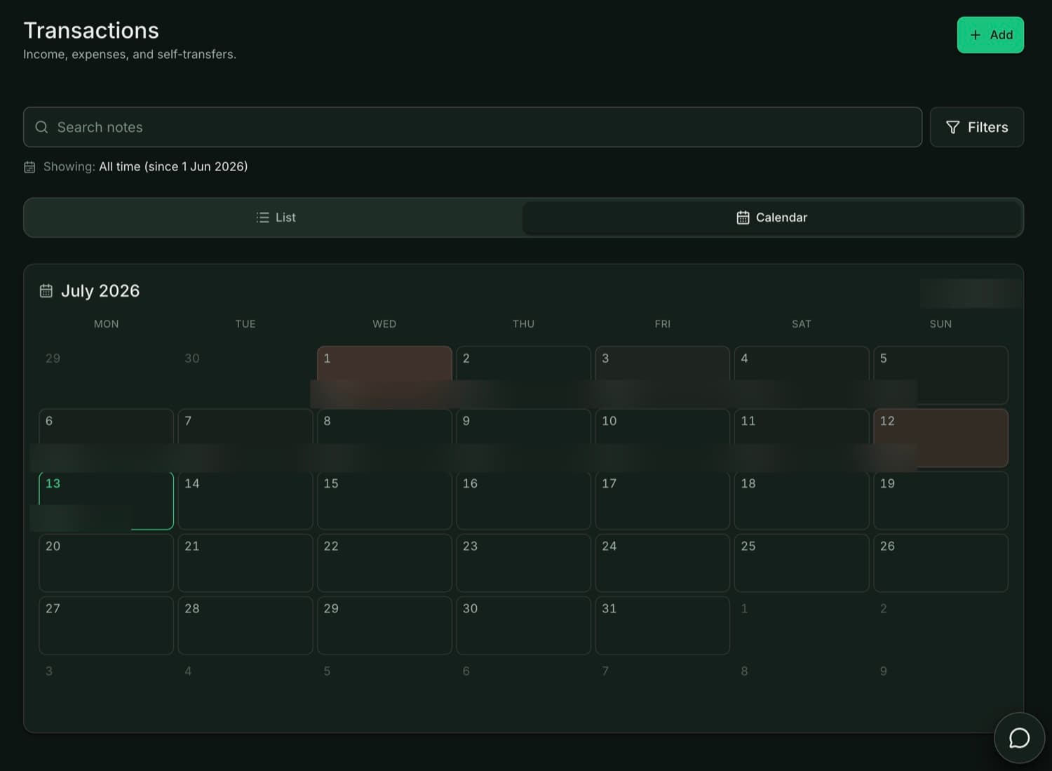 Transactions calendar view for the month
