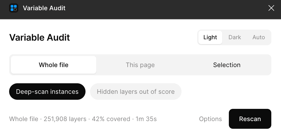 Variable Audit scan controls: whole file, page or selection, with deep-scan instances and hidden-layer options