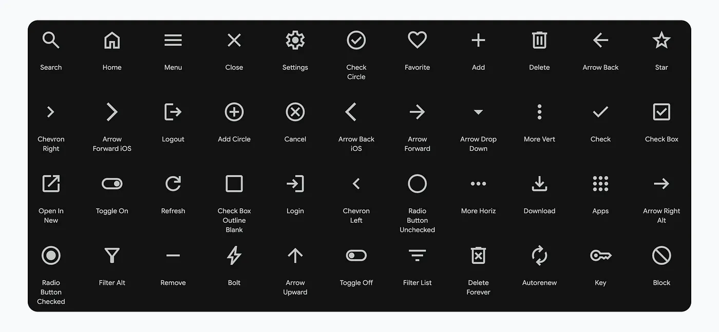 A grid of white Material icons on a dark background, each labelled: search, home, menu, close, settings, check circle, favorite, add, delete, arrow back, star, chevrons, logout, refresh, download, filter and more.