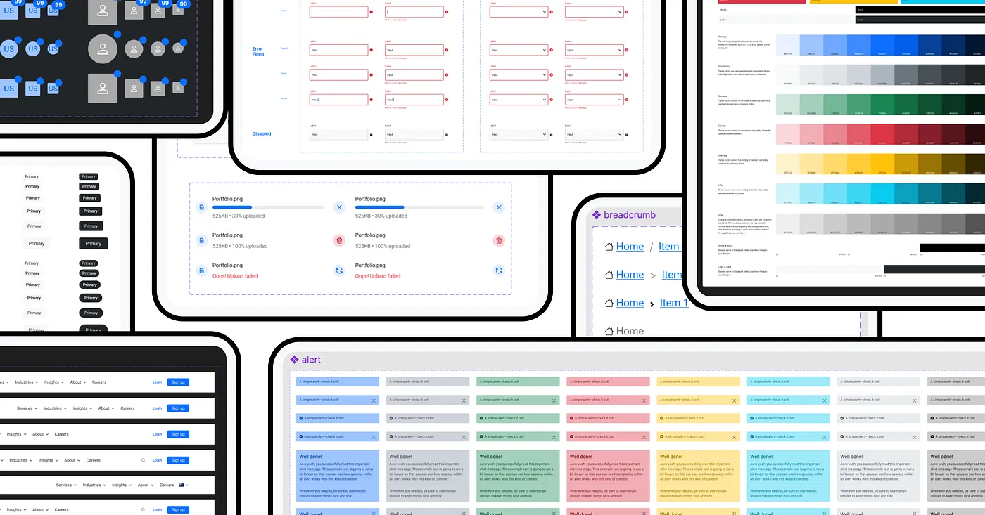 An overview of the Figma component library: form fields, colour scales, breadcrumbs, file upload states, navigation bars and a grid of alert variants in blue, green, red, yellow and cyan.